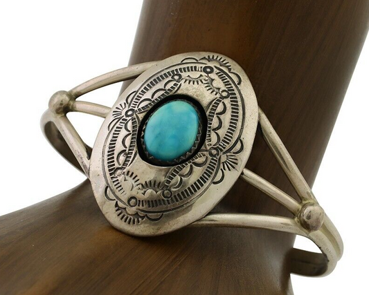 Navajo Bracelet 925 Silver Sleeping Beauty Turquoise Signed IHMJ C.80's