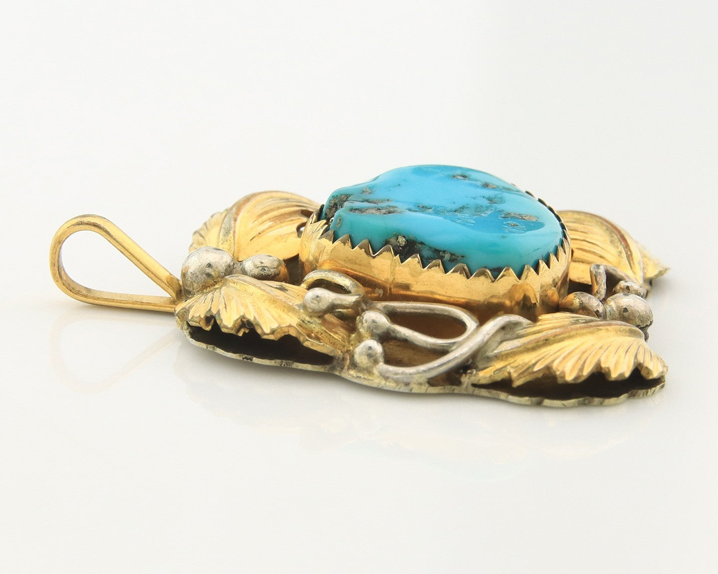 Navajo Pendant Sterling Silver & Gold Natural Blue Turquoise Signed Virgnina C