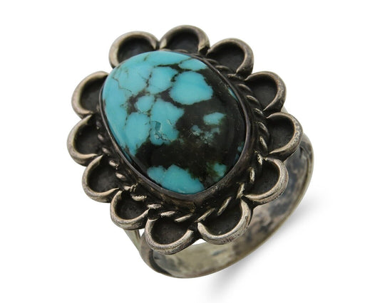Navajo Ring .925 Silver Spiderweb Turquoise Artist Signed JT C.80's