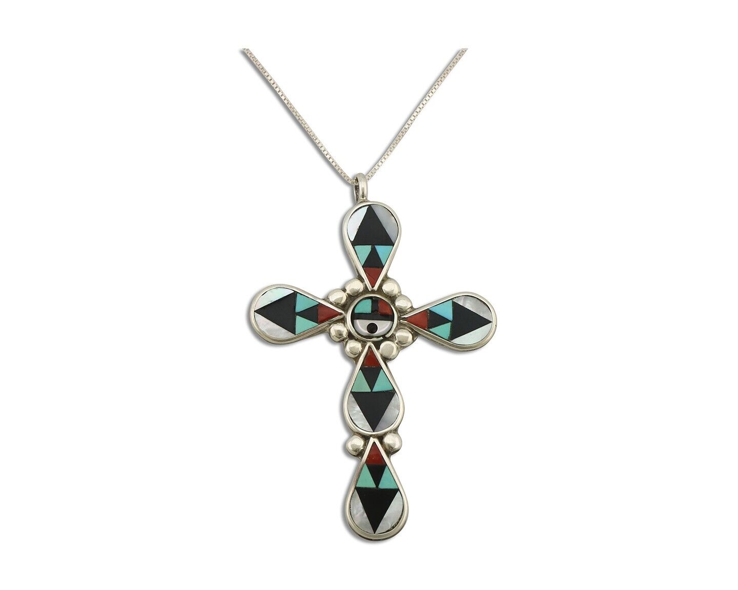 Zuni Cross Pendant 925 Silver Natural Gemstone Zeno & Maryann Edaaki C.80's