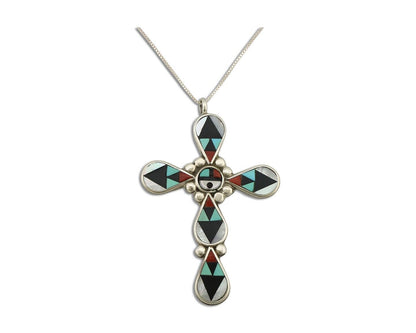 Zuni Cross Pendant 925 Silver Natural Gemstone Zeno & Maryann Edaaki C.80's