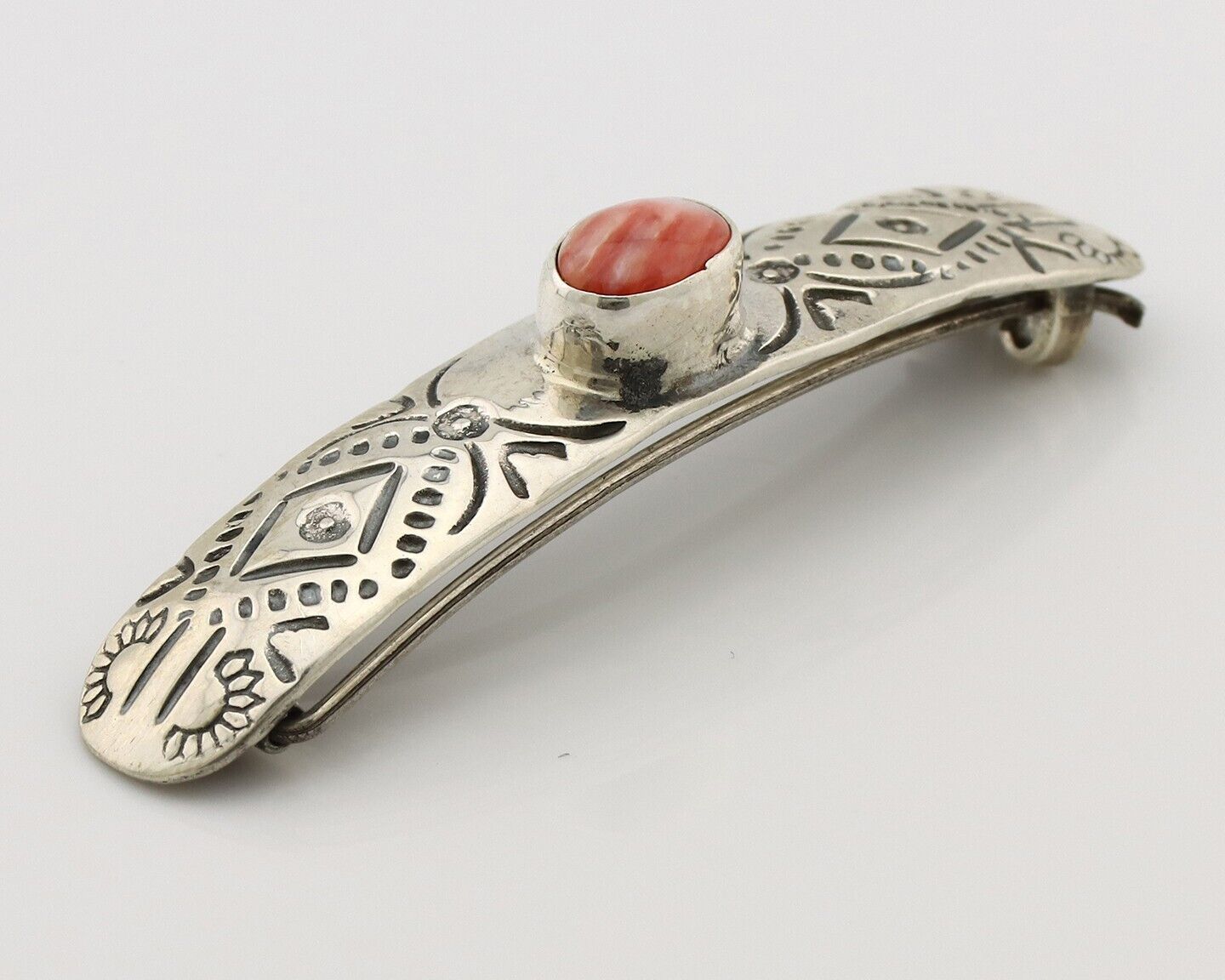 Women Navajo Hair Clip Barrette 925 Silver White Red Spiney Oyster Native Artist