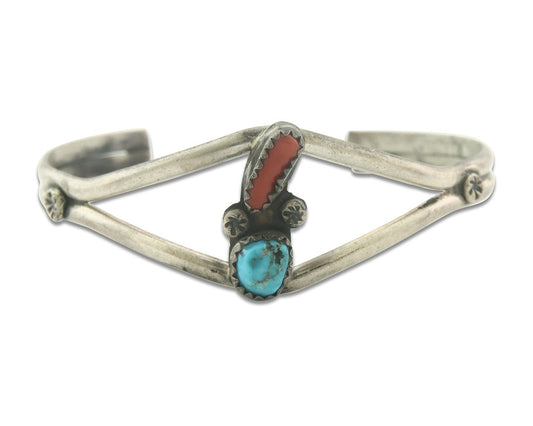 Vintage Navajo Bracelet 925 Silver Red Coral Turquoise Authentic