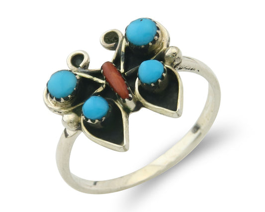 Navajo Butterfly Ring 925 Sterling Silver Authentic Turquoise & Coral Size 8.0