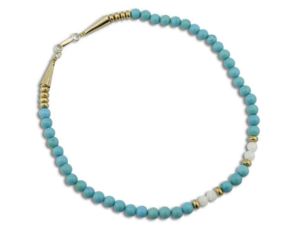Natural Mined Opal & Turquoise 7.0 mm Bead Necklace in 14k Real Yellow Gold