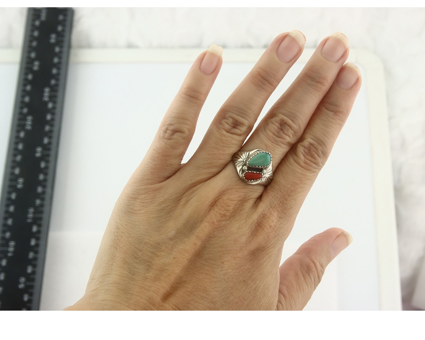 Vintage Navajo Ring 925 Sterling Silver Natural Gemstone Authentic Size 7.75