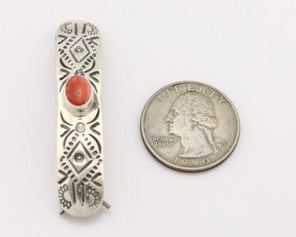 Women Navajo Hair Clip Barrette 925 Silver White Red Spiney Oyster Native Artist