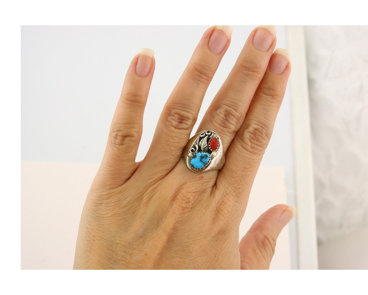 Navajo Ring 925 Sterling Turquoise & Coral Native Artist C.80's Size 8.5