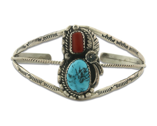 Vintage Navajo Bracelet 925 Silver Red Coral Turquoise Signed SC