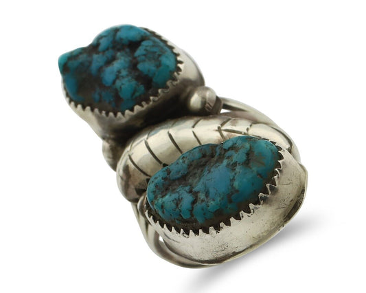 Navajo 2 Stone Ring 925 Silver Seafoam Turquoise Native American Artist C.80's