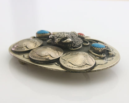 Navajo Belt Buckle .999 Nickel Buffalo Gemstone Handmade 2.5 x 3.0 in C.80's
