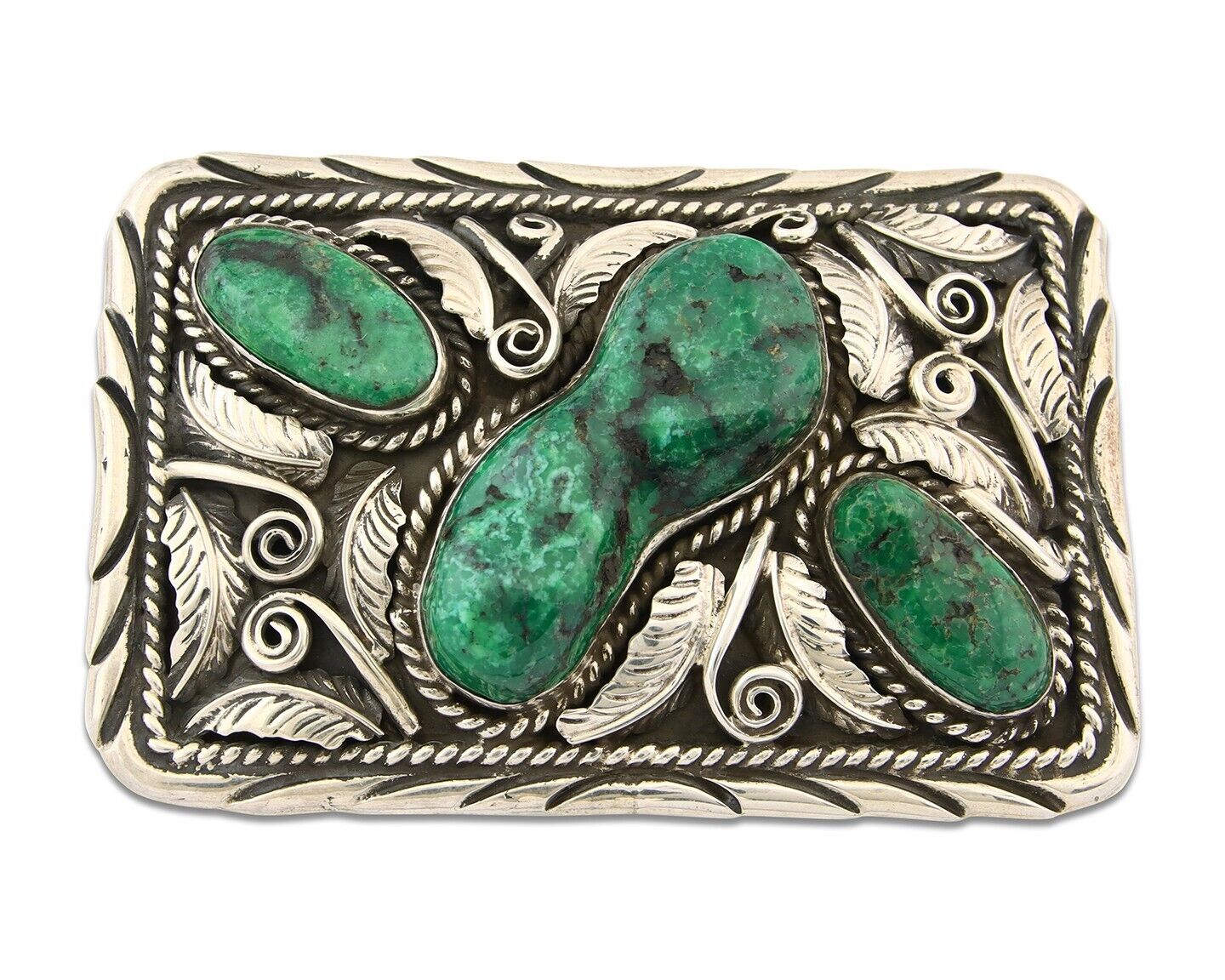 Navajo Belt Buckle 925 Silver Natural Green Slab Turquoise Signed C Montoya C80s