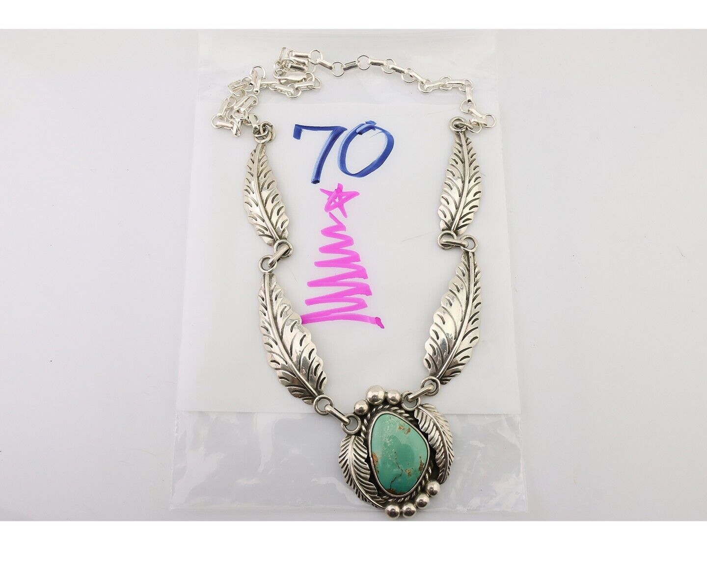 Navajo Necklace 925 Silver Green Turquoise Artist Signed Sun Rise C.80's