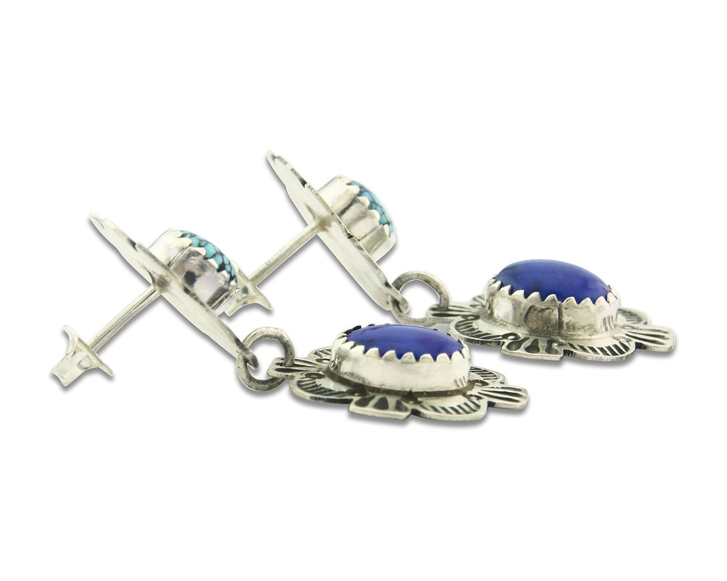 Navajo Earrings Sterling Silver Lapis & Truquoise Vintage Signed Mary Ellen