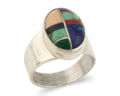 Zuni Inlaid Ring 925 Silver Mixed Natural Gemstones Native American Artist C.80s