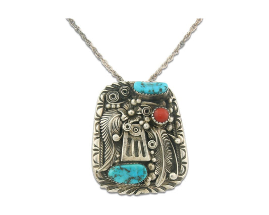 Vintage Navajo Necklace 925 Silver Turquoise & Coral Native Artist