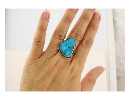 Navajo Ring 925 Sterling Turquoise Handmade Native Artist C.80's Size 7.5