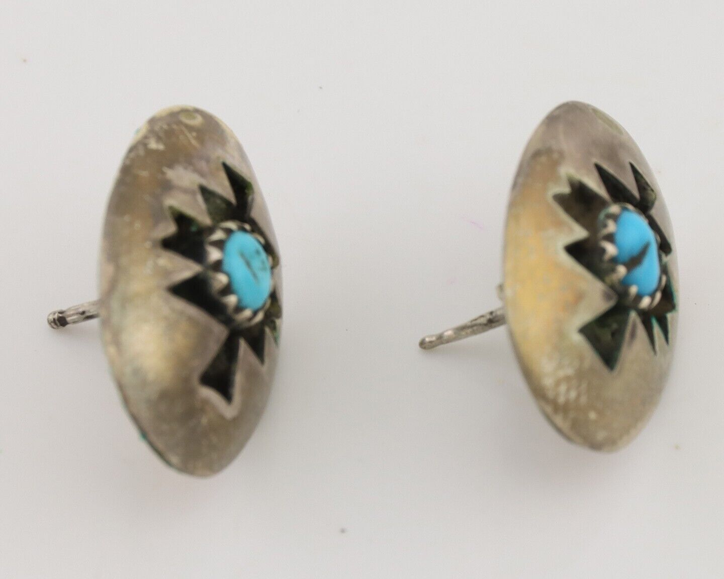 Navajo Hand Cut Earrings 925 Silver Blue Natural Turquoise Native Artist C.80's