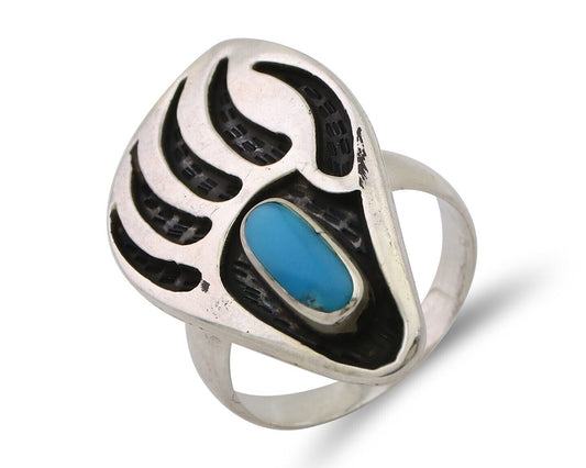 Navajo Badger Paw Ring 925 Silver Turquoise Native American Artist C.80's