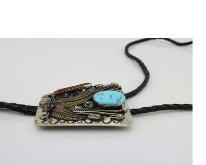 Navajo Bolo Tie .999 Nickel Coral & Turquoise Artist Signed BENNETT C.80's