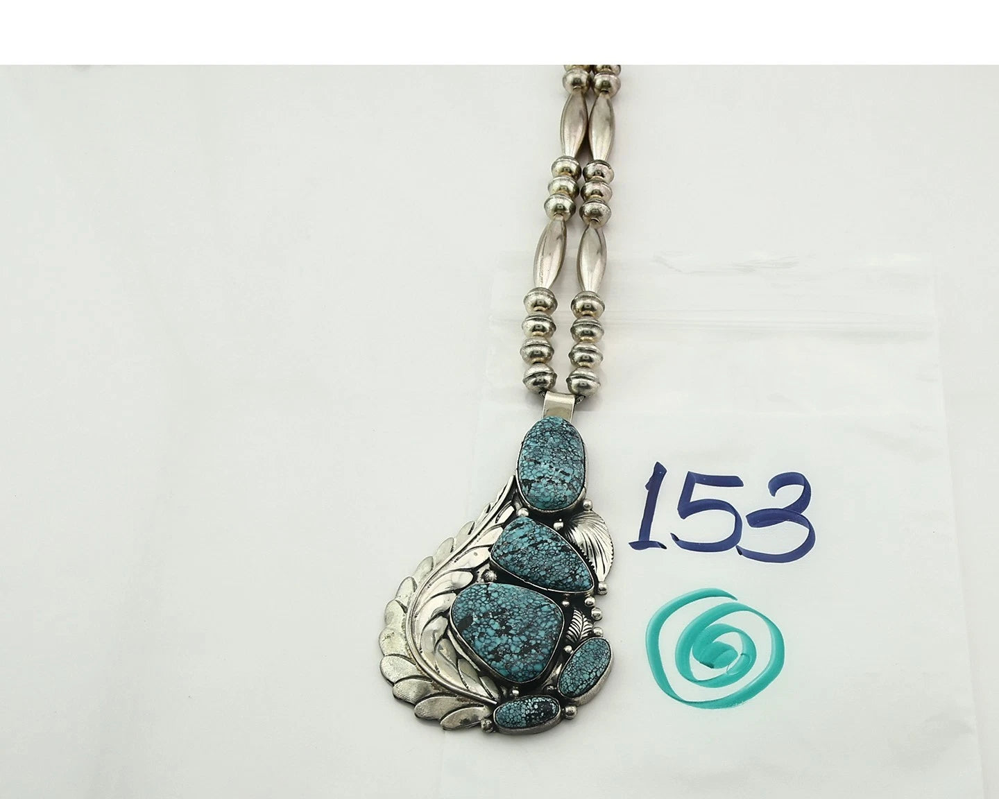 Navajo Bead Necklace Sterling Silver Fine Spiderweb Turquoise Signed Tom Willeto