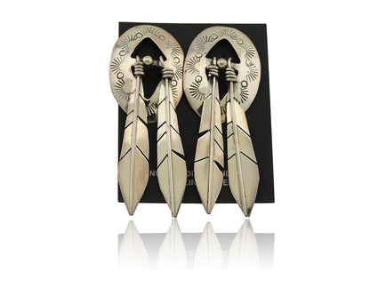 Navajo Feather Earrings 925 Silver Dangle Artist Signed DISHTA C.80's