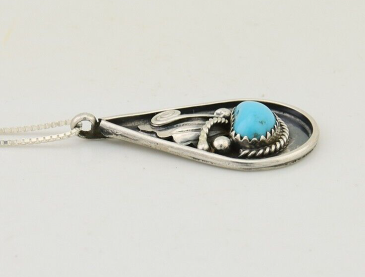 Navajo Necklace 925 Silver Natural Blue Turquoise Artist Signed JASON BAHE C.80s