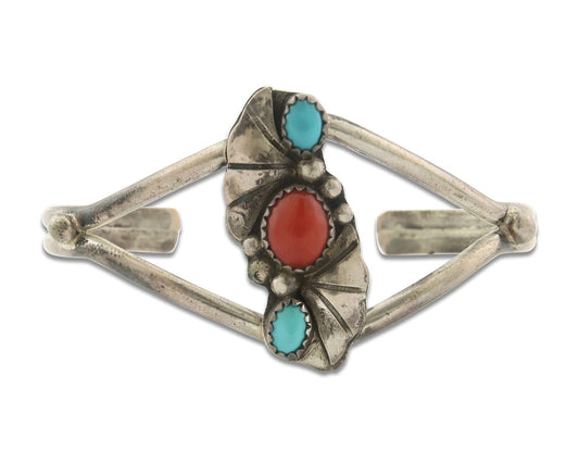 Vintage Navajo Bracelet 925 Silver Red Coral Turquoise Authentic