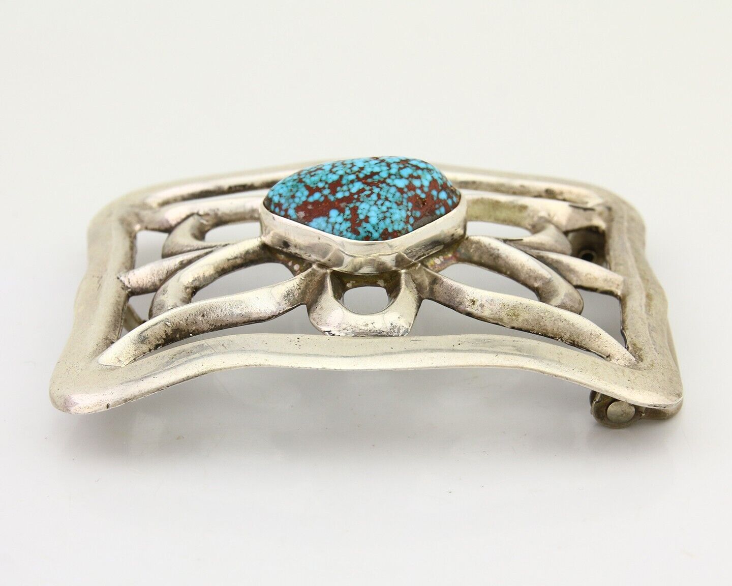 Navajo Belt Buckle 925 Sterling Silver Mine #8 Turquoise Native Artist C.80's