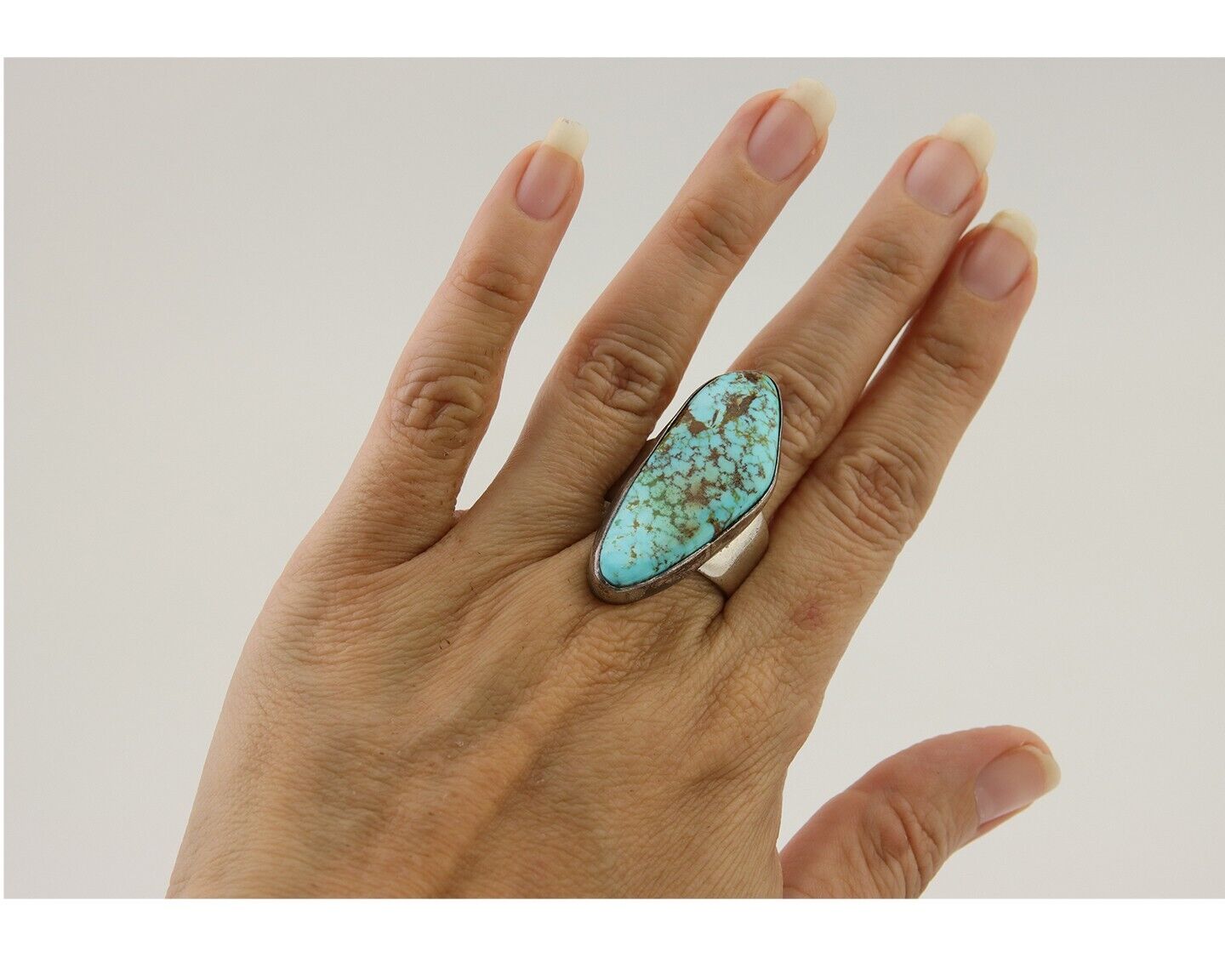 Men Navajo Ring 925 Silver Large Natural Turquoise Signed M Montoya C.80's