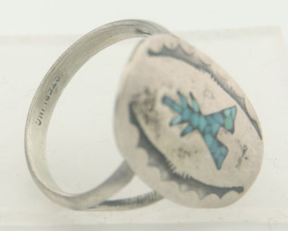 Navajo Ring 925 Sterling Natural Chip Inlay Blue Turquoise C.80's Size 6.0