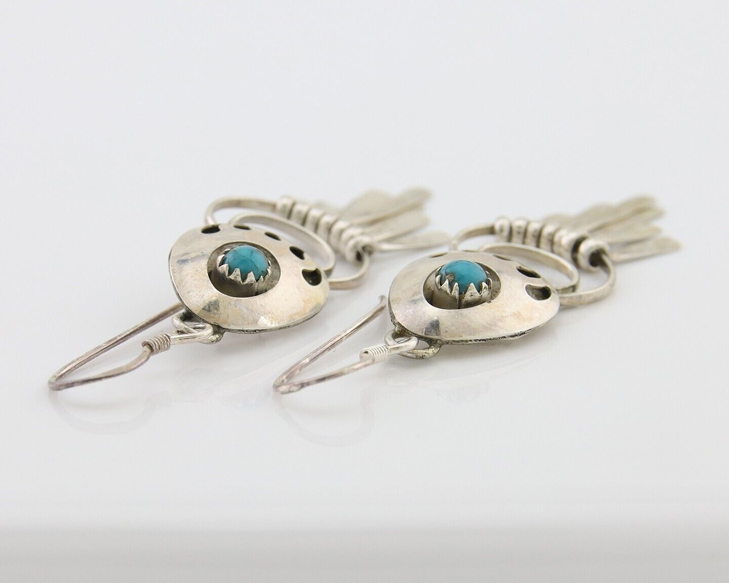 Navajo Dangle Earrings 925 Silver Natural Turquoise Artist Signed ES C.80's