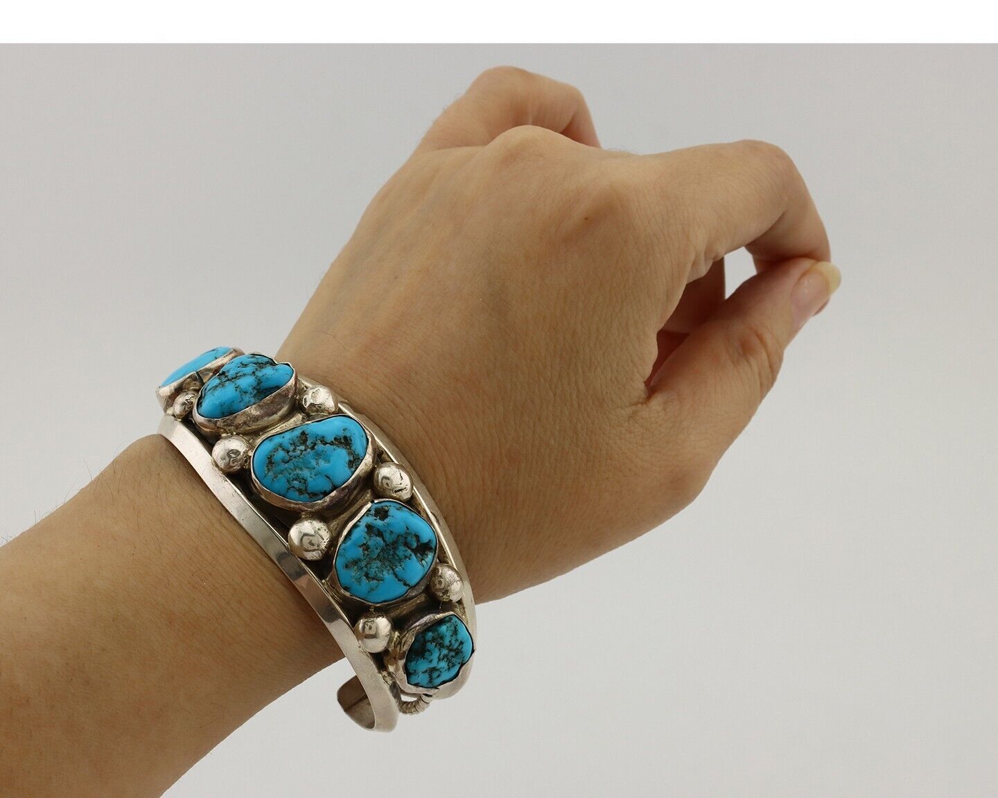 Navajo Bracelet 925 Silver Nugget Sleeping Beauty Turquoise Artist Signed JR C80