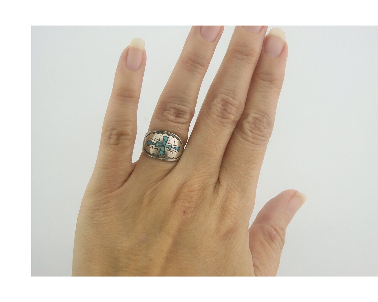 Navajo Ring 925 Silver Inlaid Turquoise Native American Artist C.80's Size 4.25