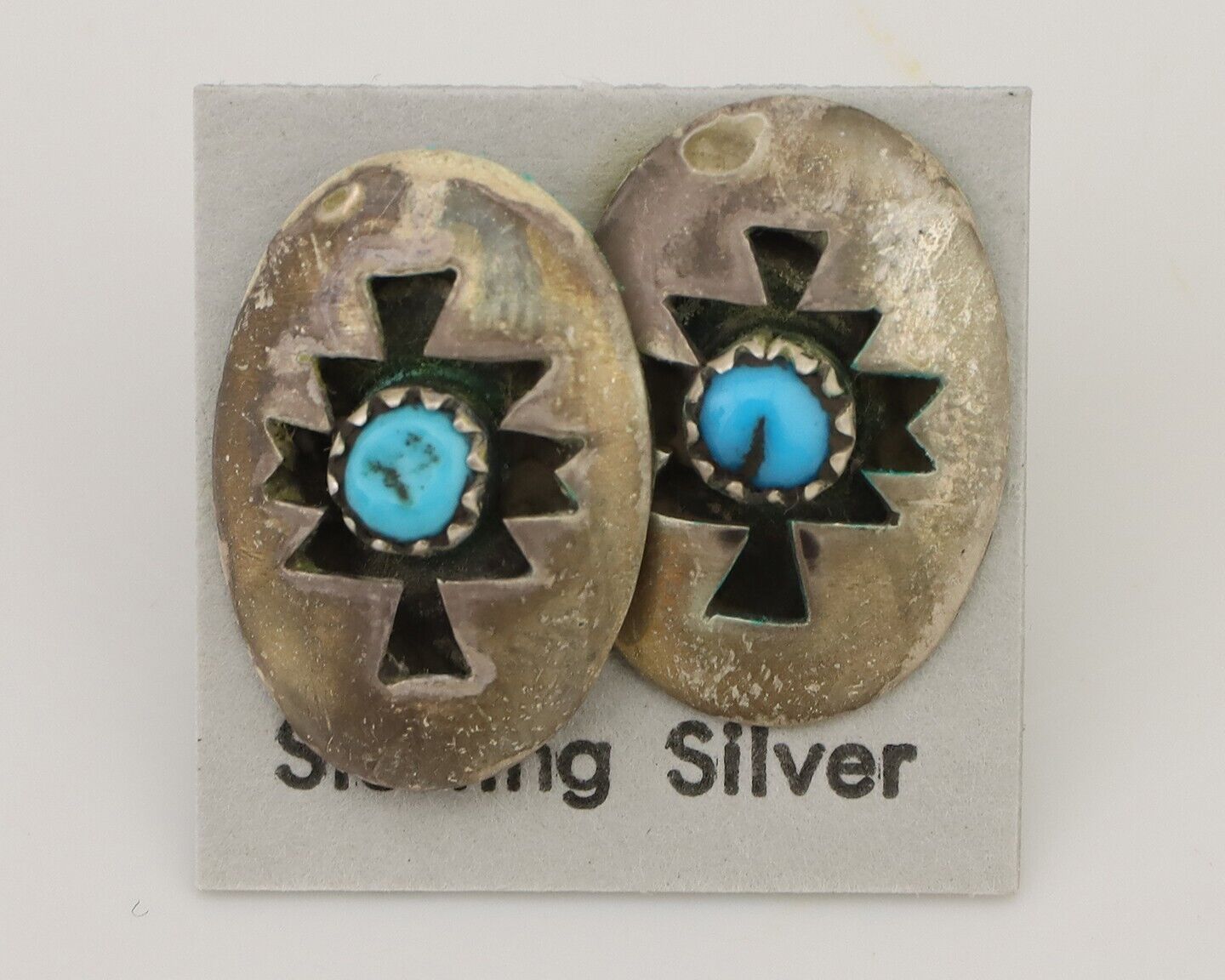 Navajo Hand Cut Earrings 925 Silver Blue Natural Turquoise Native Artist C.80's