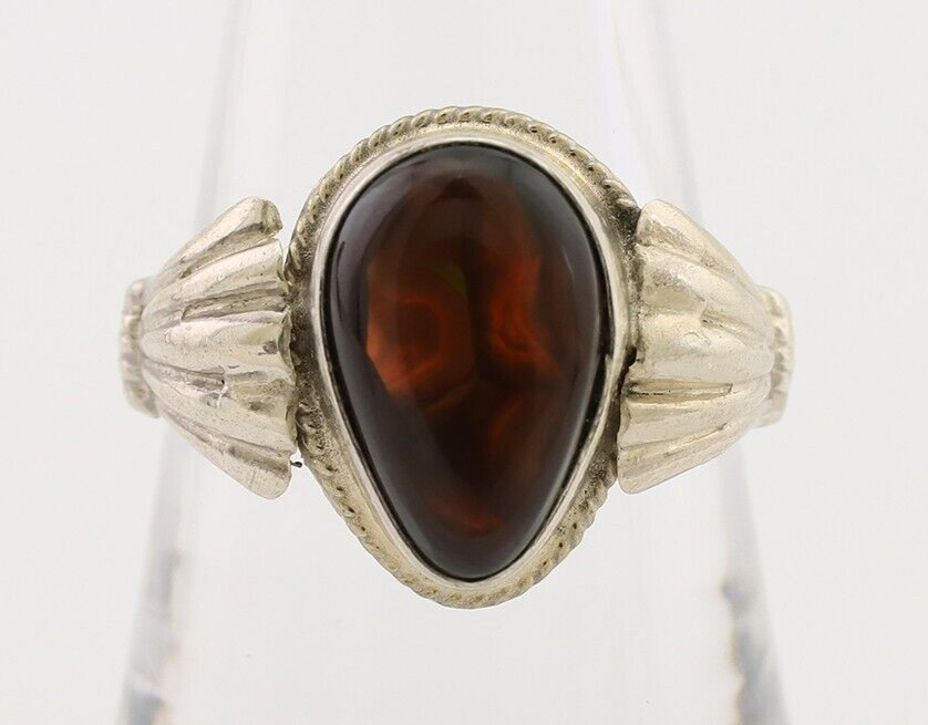 Navajo Handmade Ring 925 Silver Natural Fire Opal Native Artist Size 8.0 C.80's