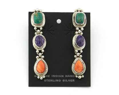 Navajo Dangle Earrings Sterling Silver Natural Gemstone Native Signed S