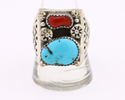 Navajo Ring 925 Silver Sleeping Beauty Turquoise & Coral Native Artist C.80s