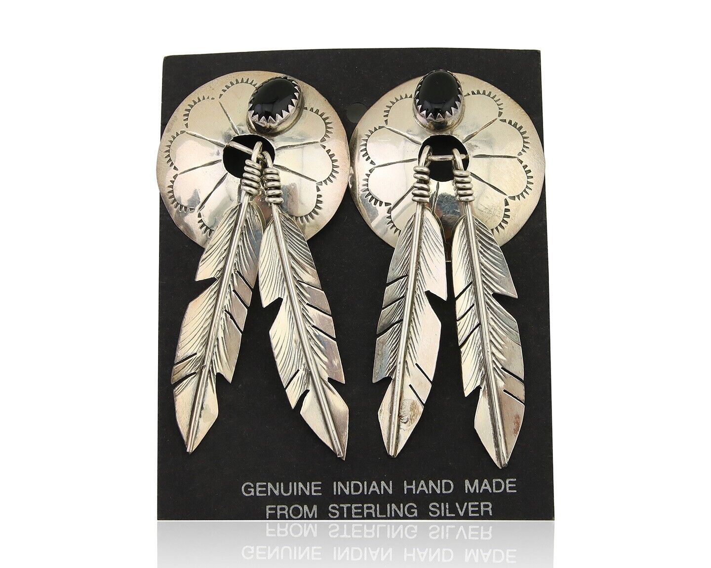 Navajo Handmade Earrings 925 Silver Onyx Native American Artist C.80's