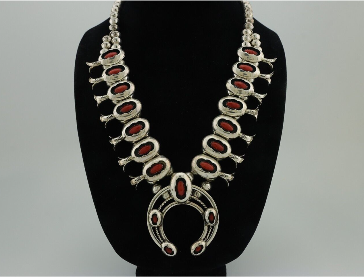 Navajo Squash Necklace 925 Silver Coral Set Artist Signed Leon F Kirlie C.80's