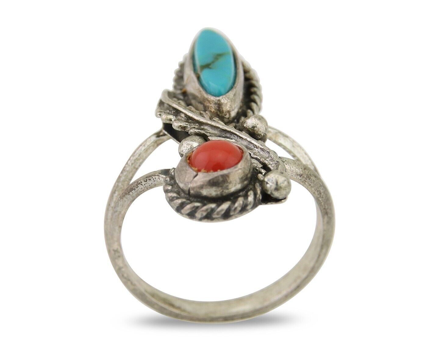Navajo Handmade Ring 925 Silver Coral & Turquoise Native Artist C.80's