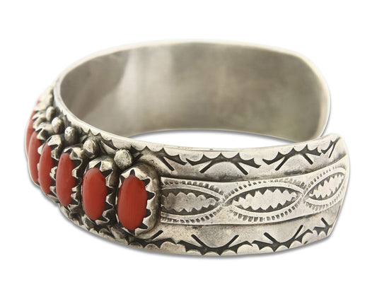Vintage Zuni Bracelet 925 Silver Red Coral Handmade Signed CAY