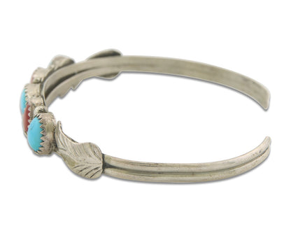 Navajo Bracelet 925 Silver Coral & Turquoise Cuff Signed Keith James C.80's