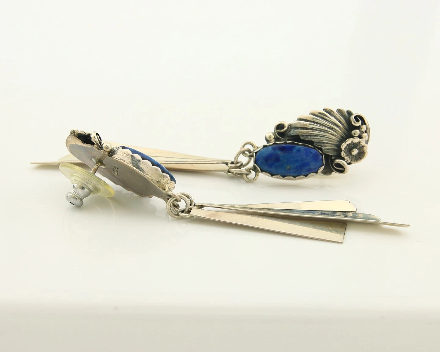 Navajo Dangle Circle Earrings Sterling Silver Lapis Vintage Native Artist