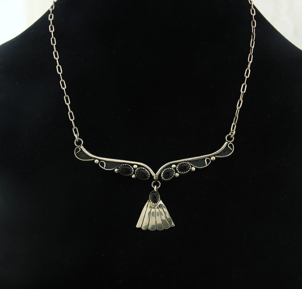 Navajo Necklace Earring Set Sterling Silver Onyx Vintage Native Artist