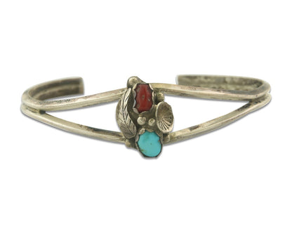 Navajo Bracelet 925 Silver Coral & Turquoise Cuff Signed Keith James C.80's