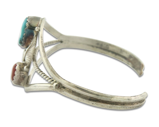 Vintage Navajo Bracelet 925 Silver Red Coral Turquoise Signed Paul J