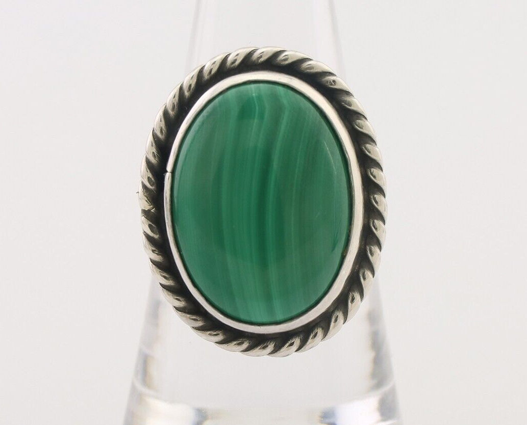 Navajo Ring 925 Silver Natural Malachite Native American Artist Size 8.0 C.80's