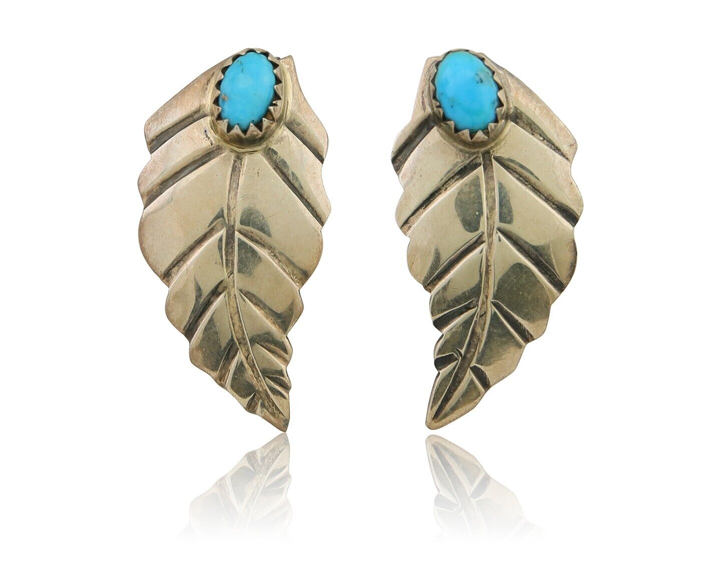 Navajo Earrings 925 Silver Natural Turquoise Artist Signed L-R Jake C.80's