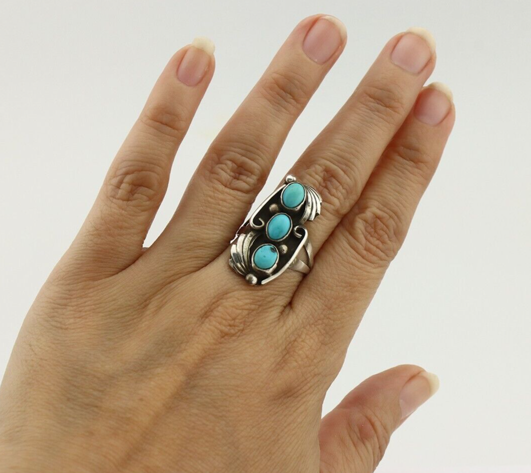 Navajo Ring 925 Silver Sleeping Beauty Turquoise Artist Signed T C.80's